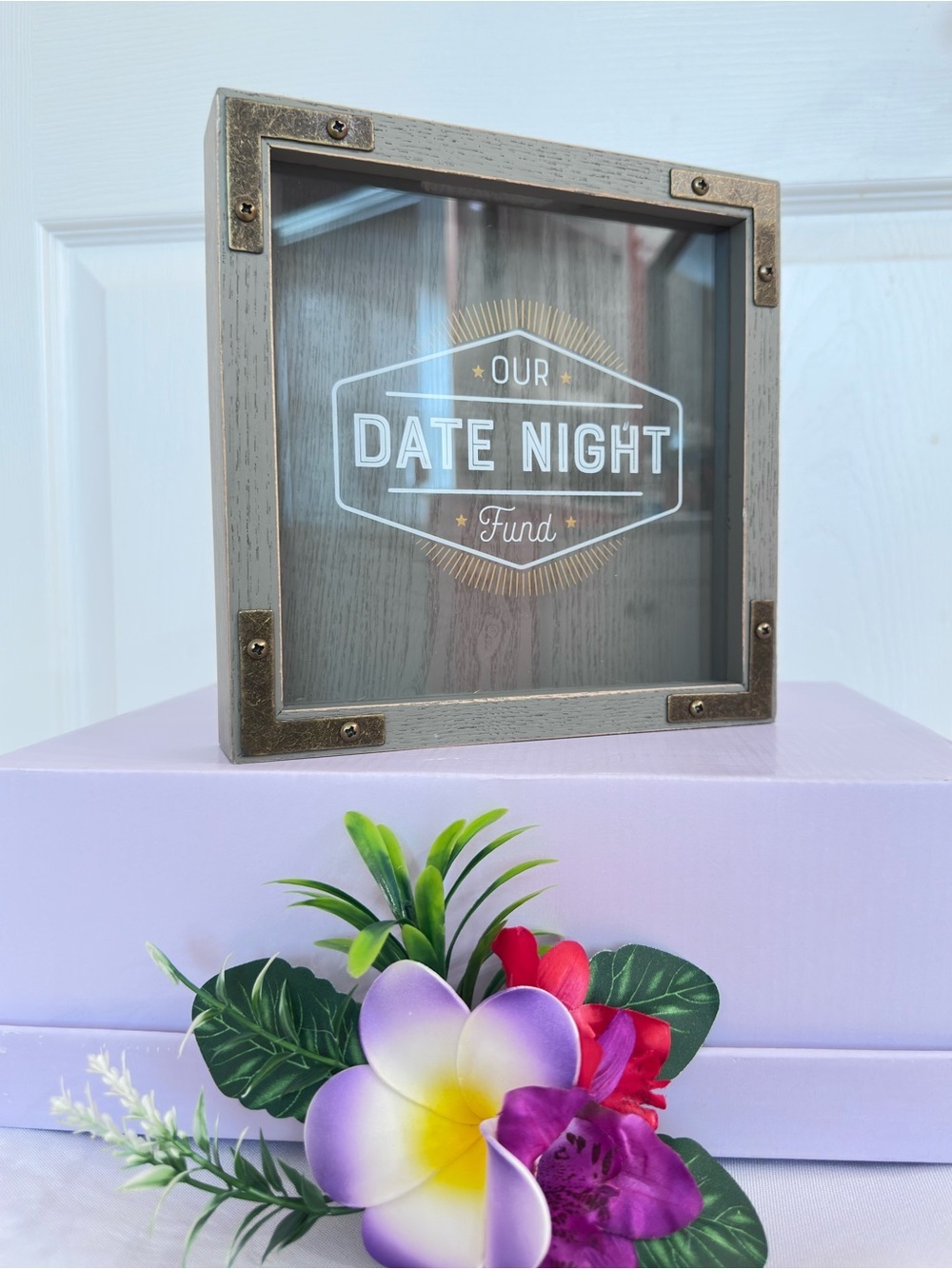 Mainstays Date Night Fund Shadow Box Money Bank Gray Brass Accents